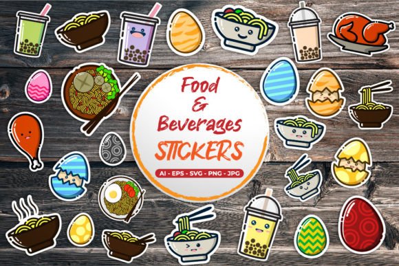 26 Food and Beverages Stickers: Modern Graphics for Print Templates